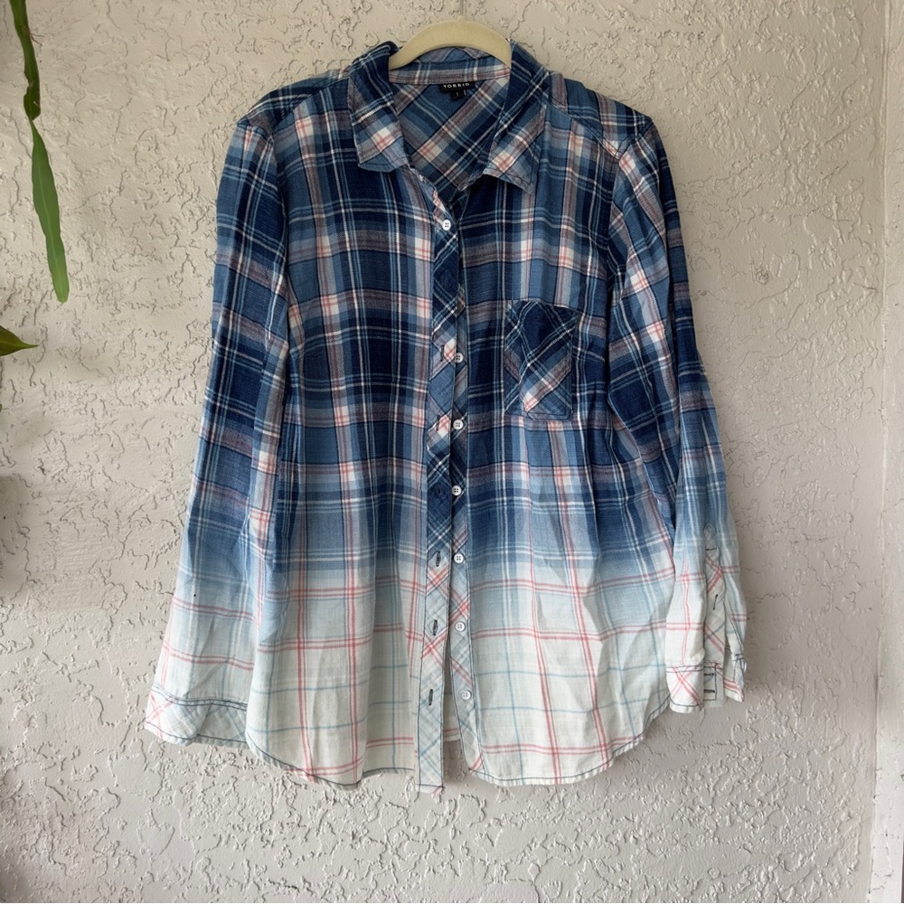 Torrid Blue & Pink Plaid Bleach Dip Button Front Shirt